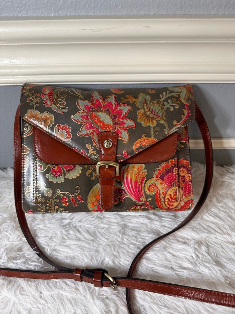 Patricia Nash Brown Leather-Trim Floral Crossbody with Pink & Orange Accents